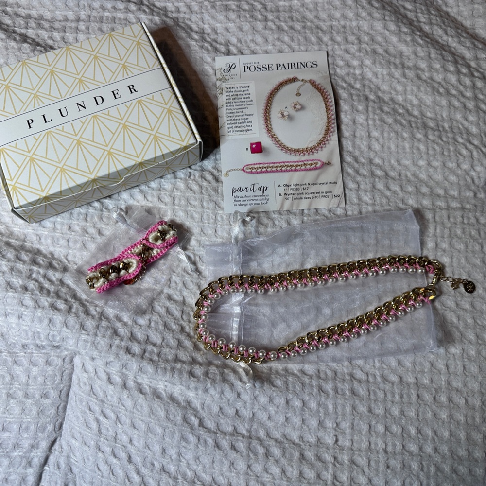 Plunder Pink and Gold Woven Chain Necklace & Bracelet Set